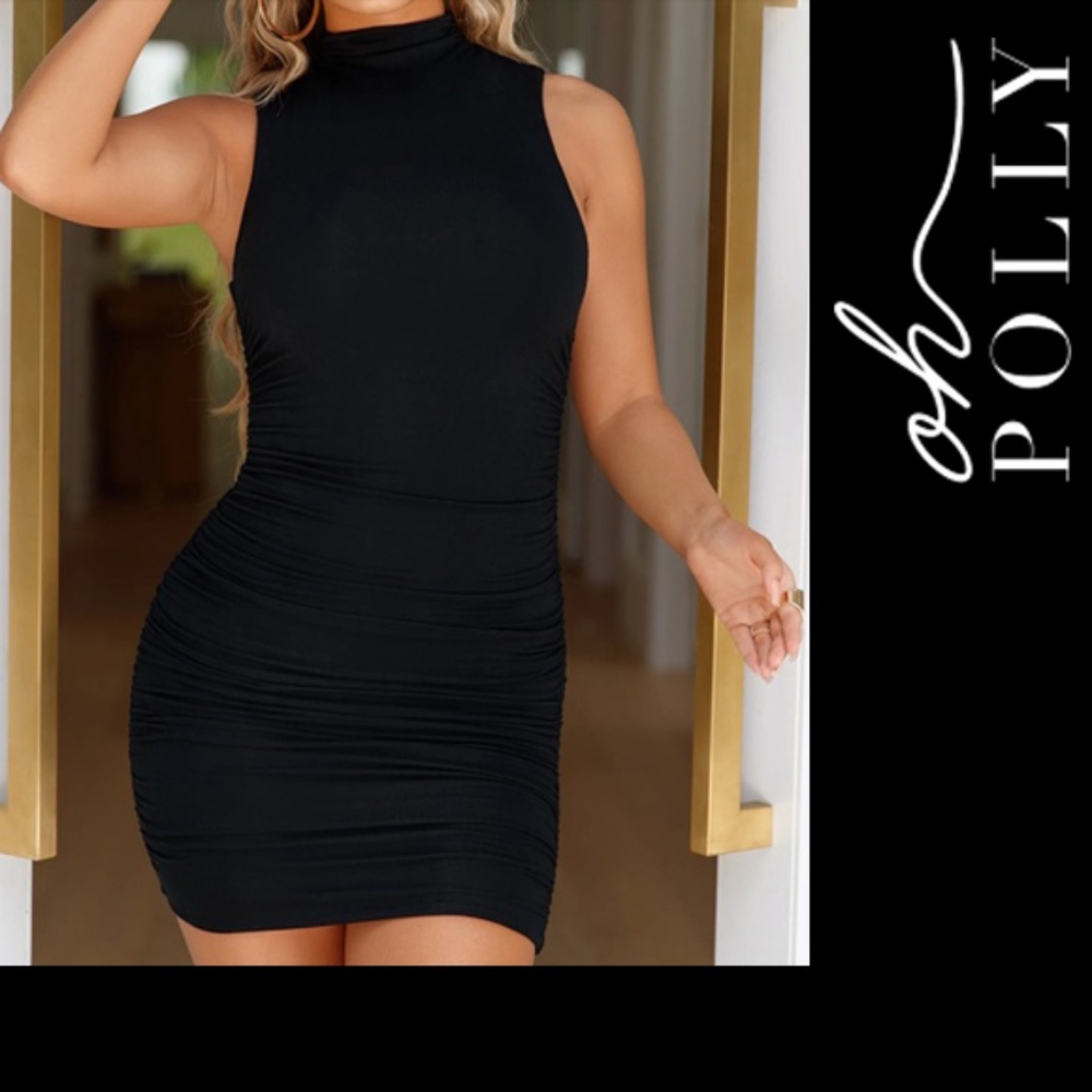 OH POLLY —- NWOT MOCK NECK RUCHED MINI DRESS